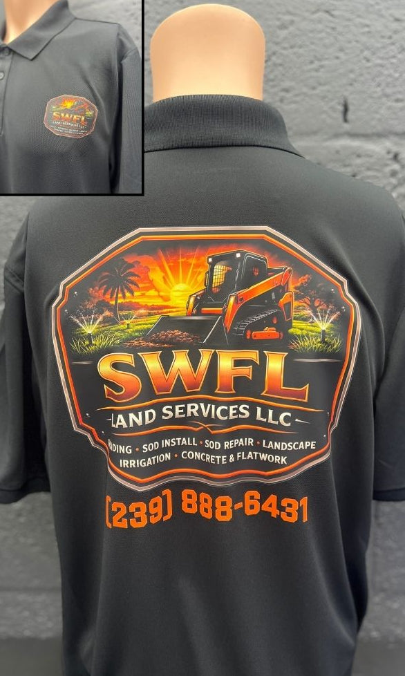 DTF printed polo with a full-color back design