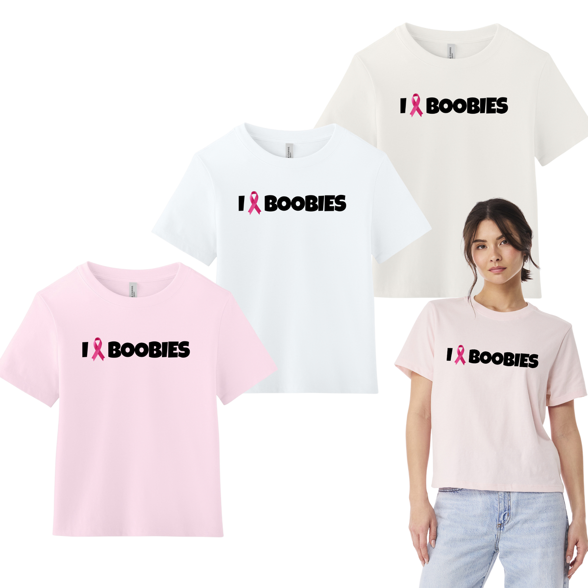 I Heart Boobies women's 6-ounce heavyweight tee collage