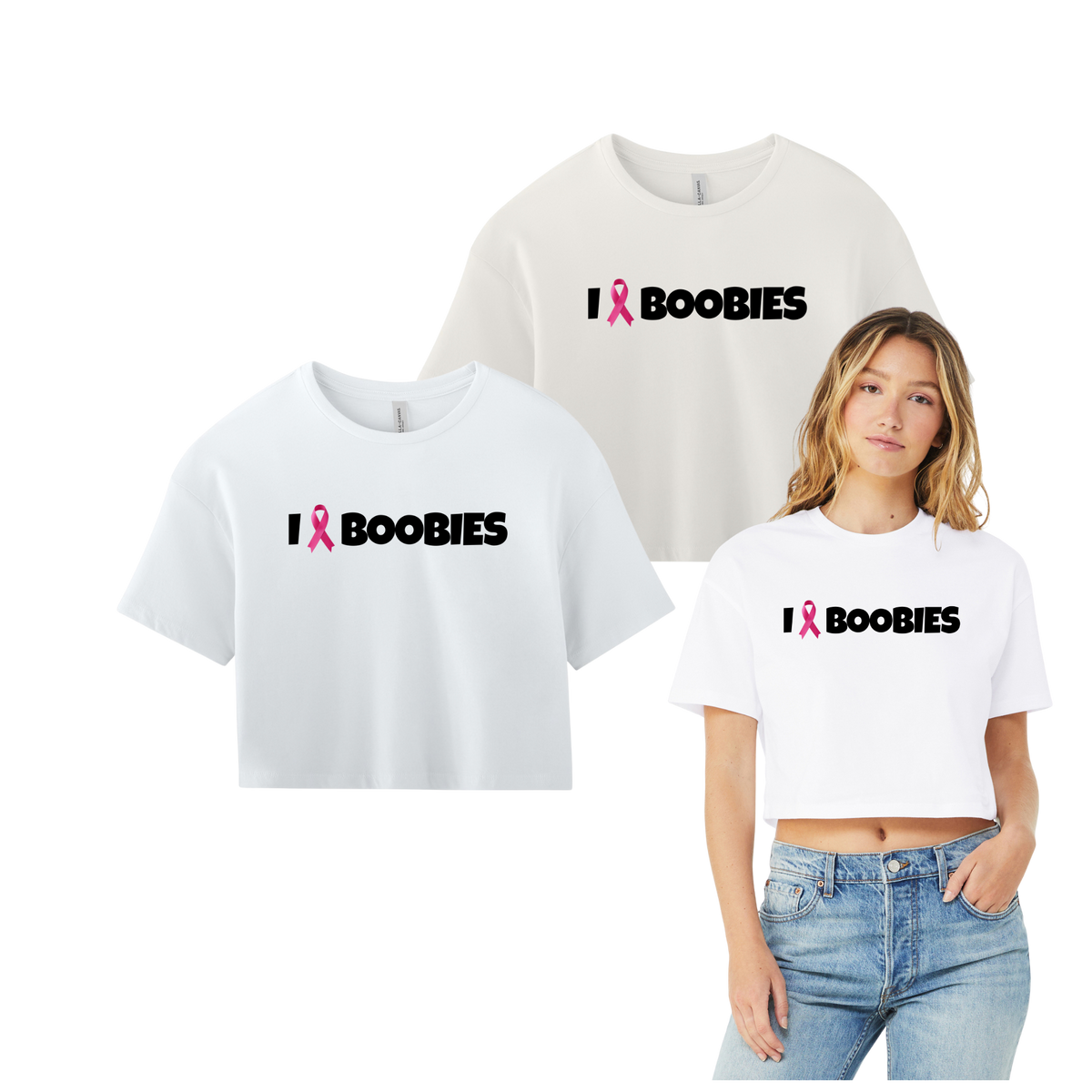I Heart Boobies women's jersey crop tee collage