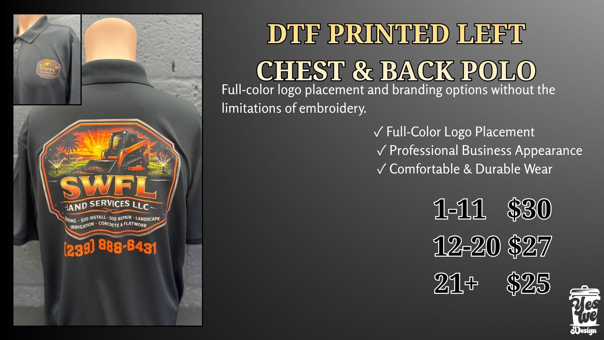 DTF printed polo with a full-color back design