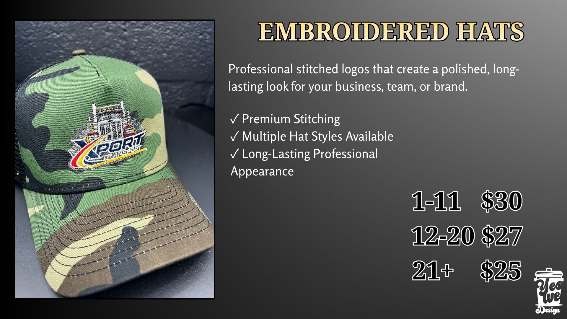Embroidered camo trucker hat